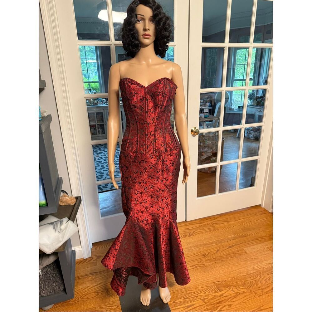 Vintage Goth Red & Black Brocade Corset Dress sz M EUC Steampunk Gothic